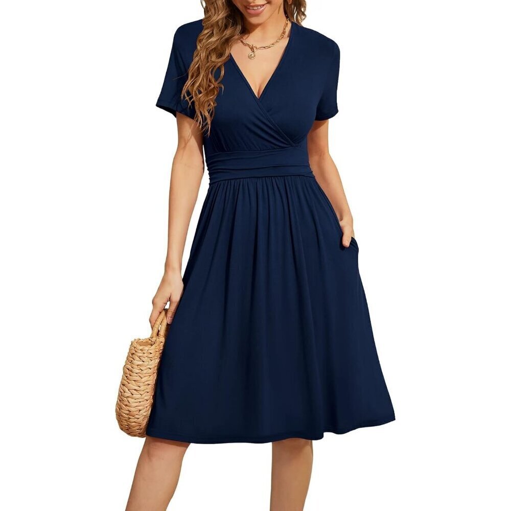 Women Navy Blue Short Sleeve V-Neck Floral Stretchy Party Dress with Pockets